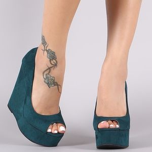 Peep Toe Vegan Suede Platform Wedge Teal